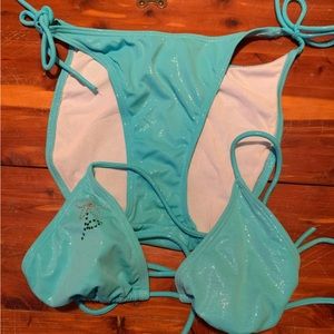 2-piece swimsuit, turquoise with glitter shine and rhinestones